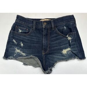 Hollister Jean Vintage Shorts High Rise Dark Wash Distressed Cutoffs Raw Hem 3